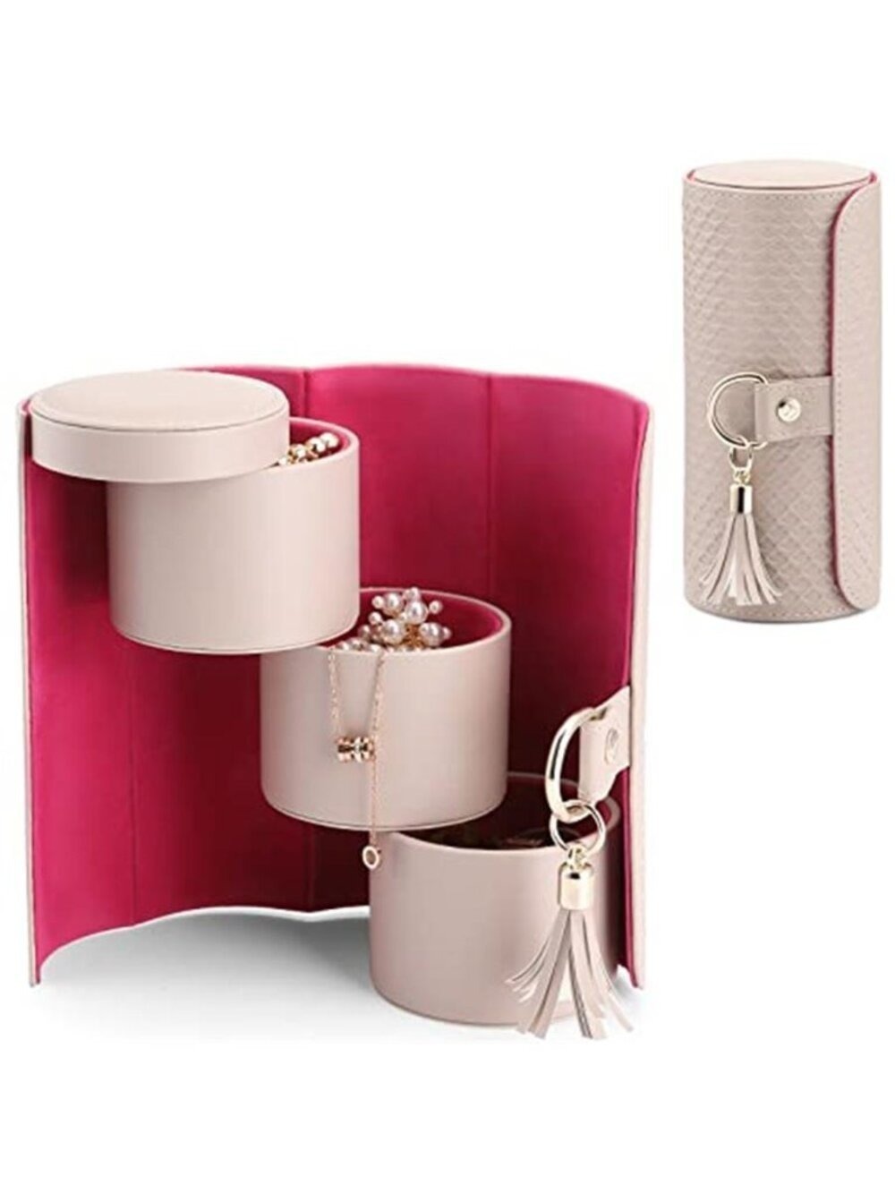 Pink 3 Layer Rotating Travel Jewelry Case